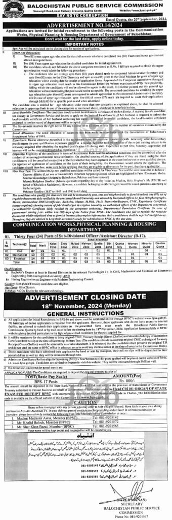 Latest BPSC Jobs Advertisement No 142024