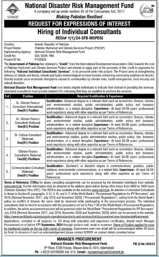 NDRMF Consultants Jobs 2024