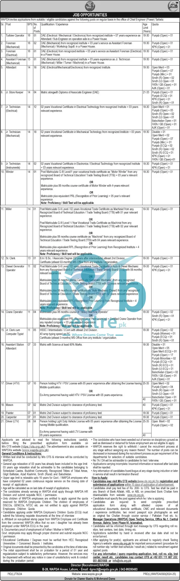 OTS WAPDA Jobs 2024 Advertisement