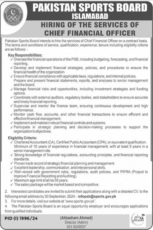 Pakistan Sports Board PSB Chief Financial Officer Jobs 2024 Advertisement