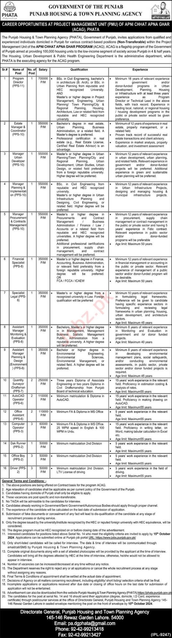 Punjab Housing And Town Planning Agency Jobs 2024 PHATA Requirement