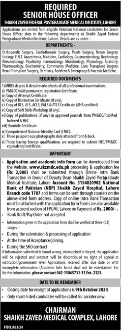 Shaikh Zayed Postgraduate Medical Institute Lahore Jobs 2024 Advertisement