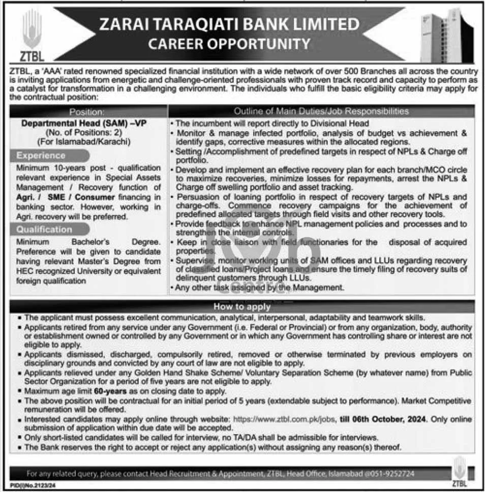 Zarai Taraqiati Bank Limited Jobs 2024 Advertisement