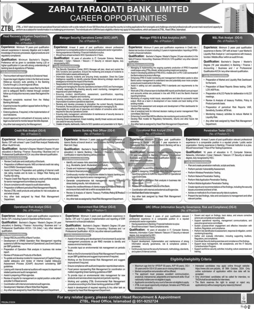 Zarai Taraqiati Bank Limited Jobs 2024 Advertisement