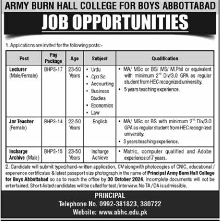 Army Burn Hall College for Boys Abbottabad Jobs 2024 Advertisement