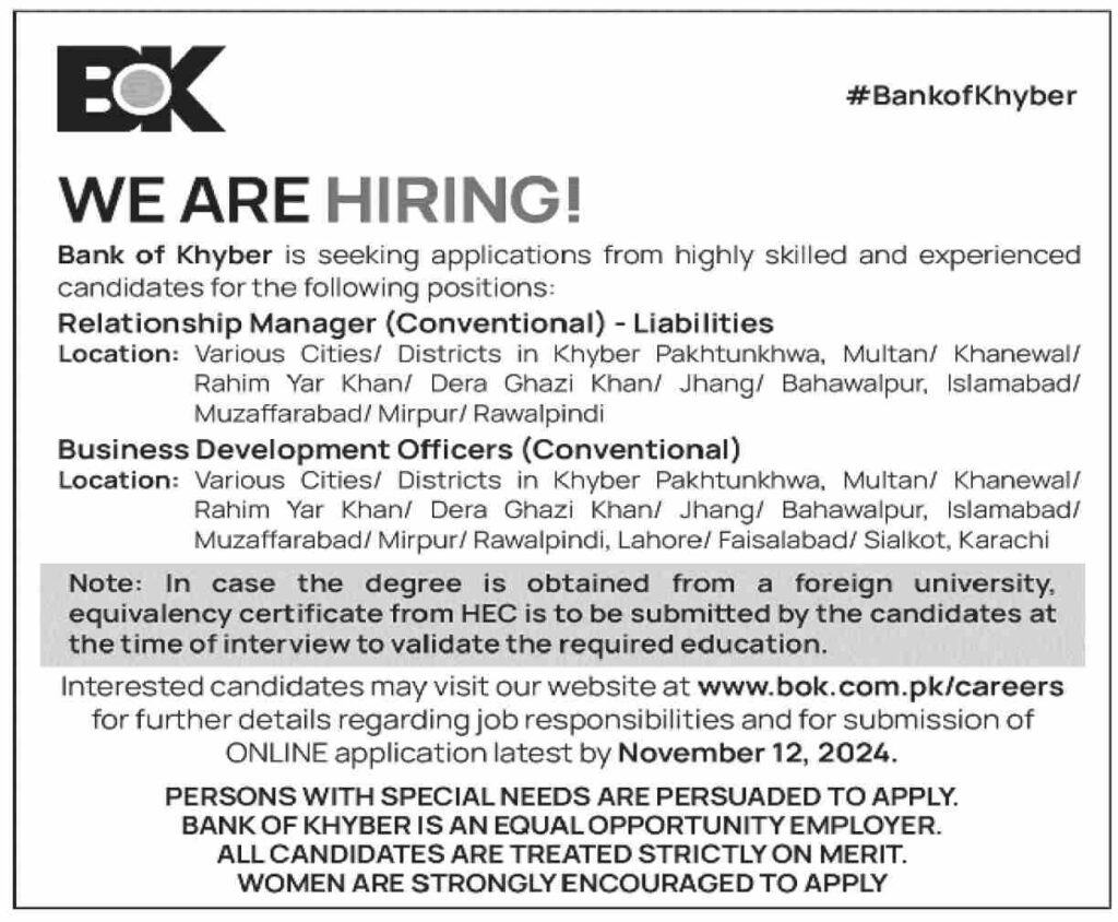 BOK Business Development Officer Jobs 2024 Advertisement