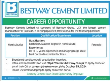 Bestway Cement Limited Jobs 2024 Advertisement