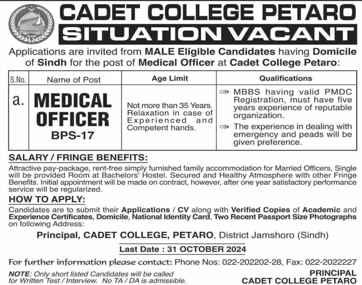 Cadet College Petaro Jobs 2024 Advertisement