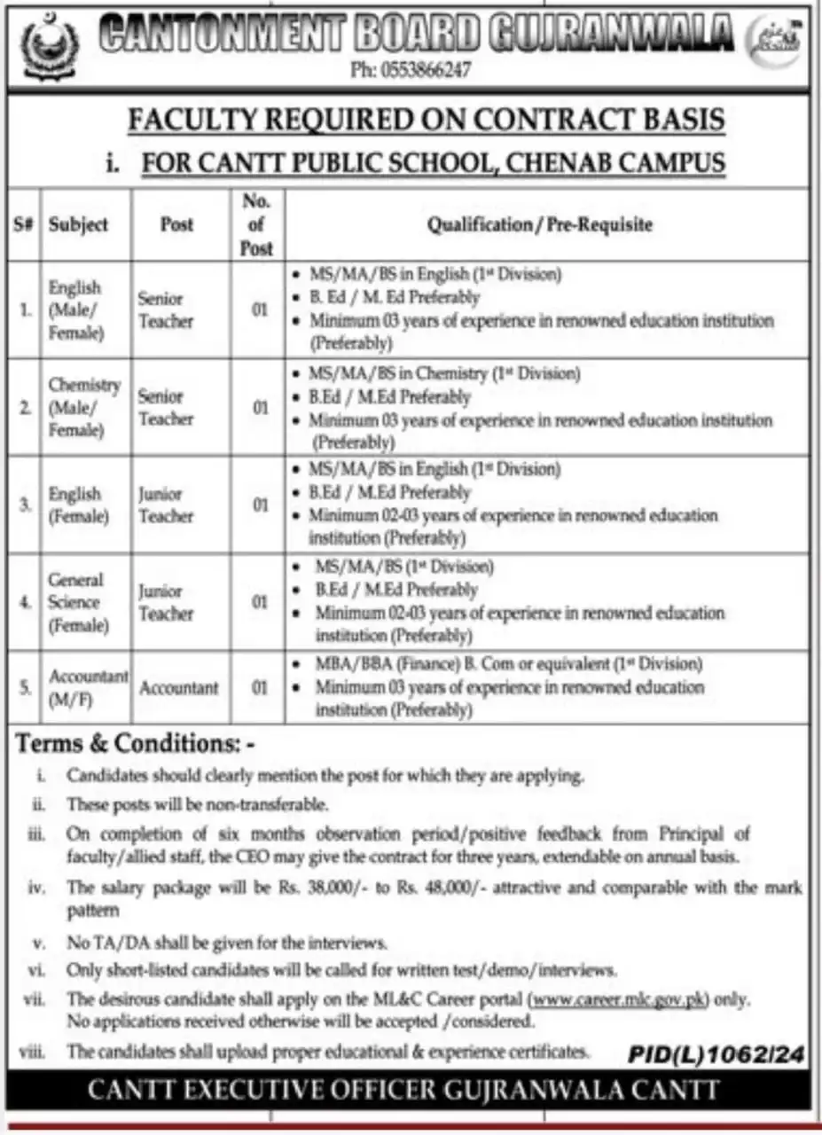 Cantt Public School Chenab Campus Jobs 2024 Advertisement