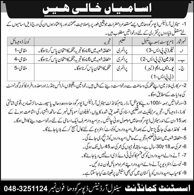 Central Ordnance Depot COD Sargodha Jobs 2024 Advertisement