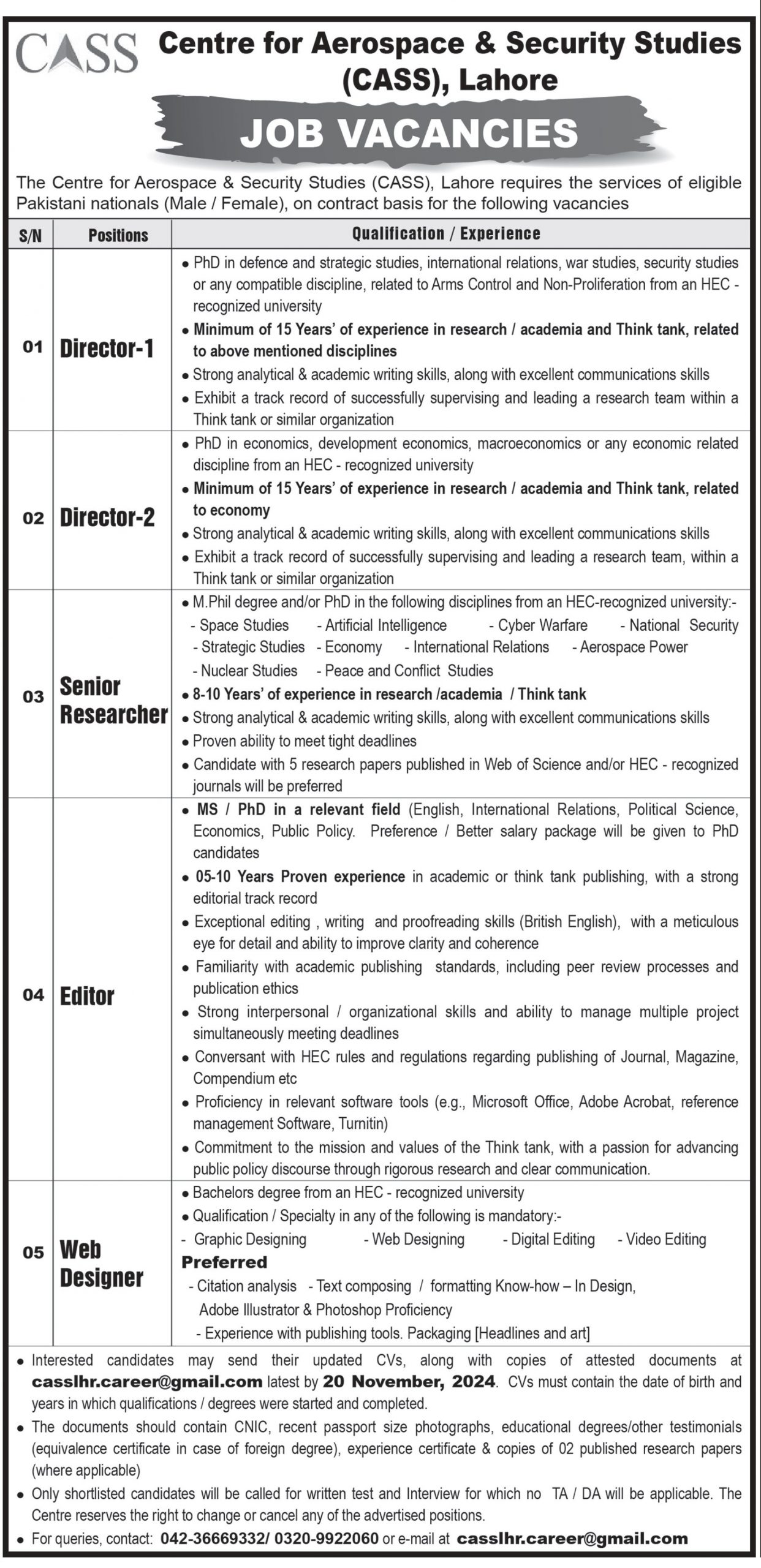 Centre For Aerospace and Security Studies CASS Jobs 2024 Advertisement