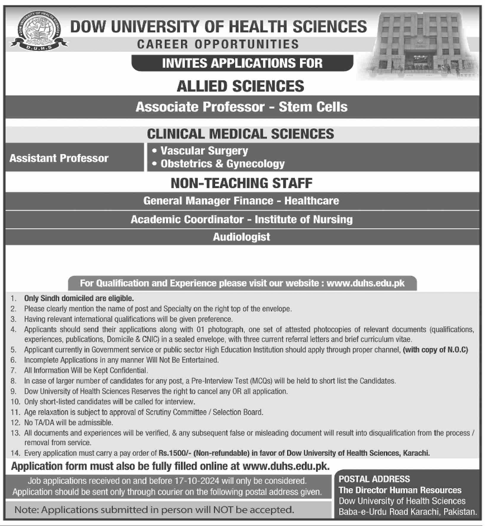 Dow University of Health Sciences Jobs 2024 Advertisement