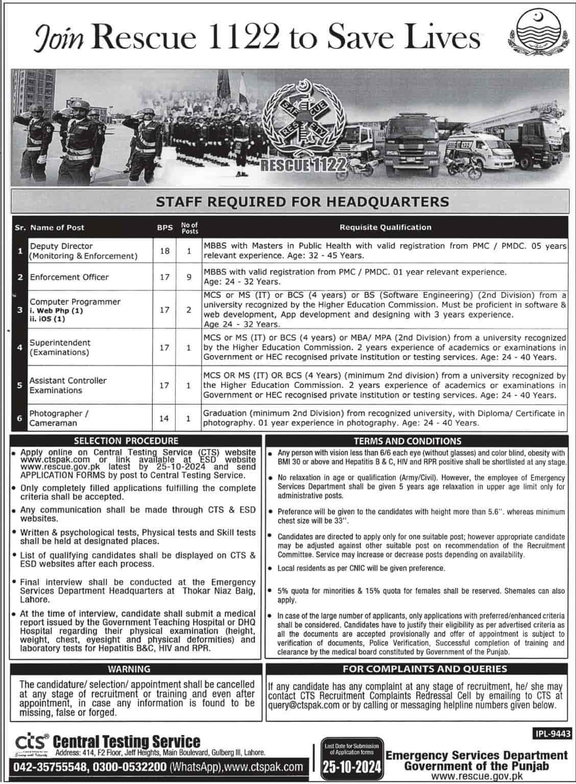 Emergency Service Punjab Rescue 1122 Jobs 2024 Advertisement