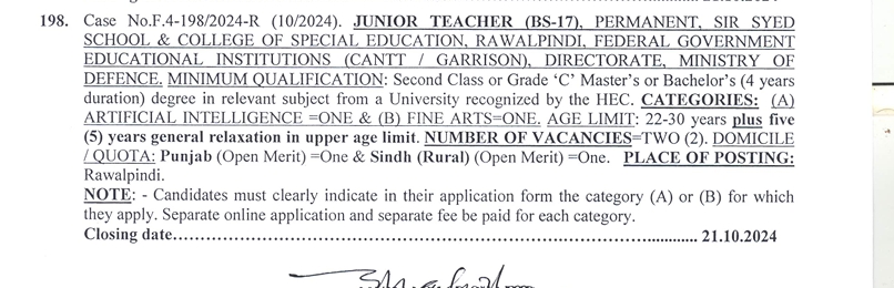 FPSC Junior Teacher (BS-17) Jobs 2024 Advertisement