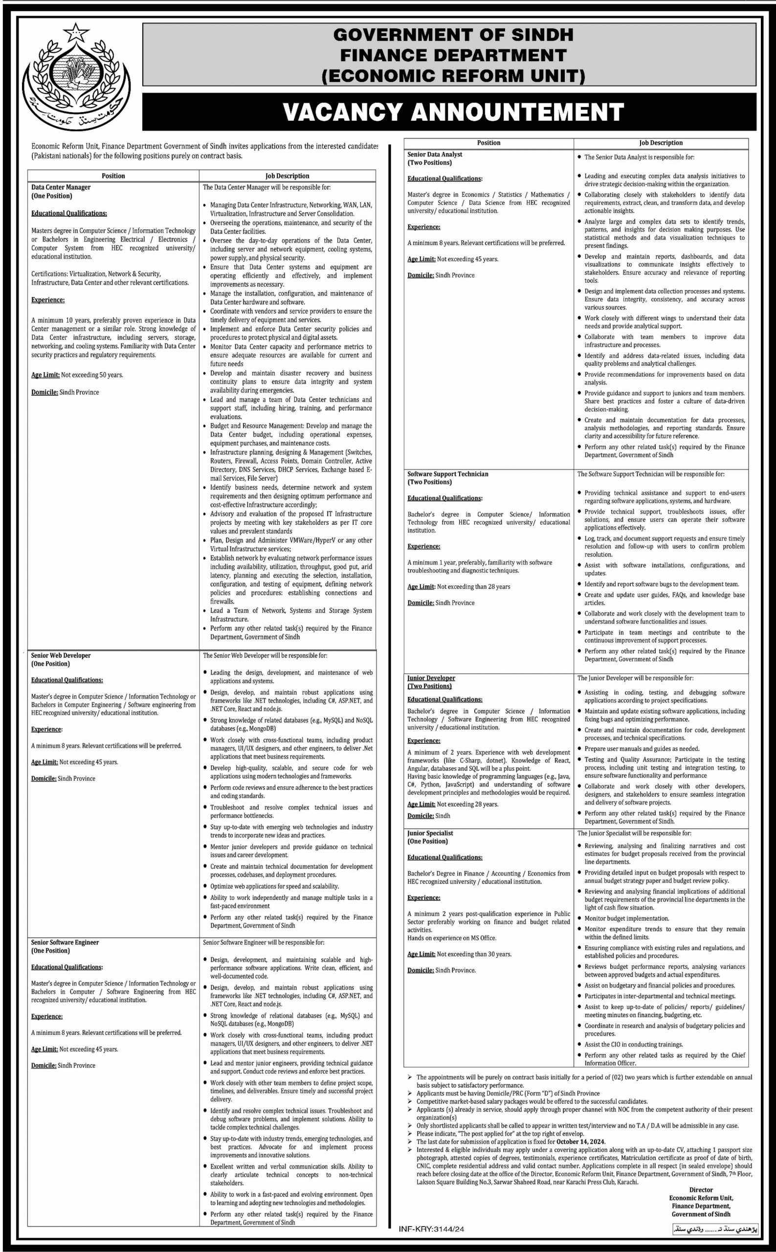 Finance Department Sindh Jobs 2024 Advertisement