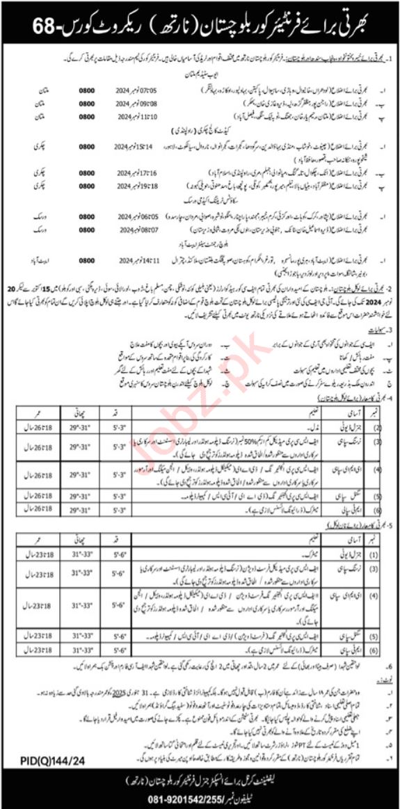 Frontier Core FC Balochistan Jobs 2024 Advertisement