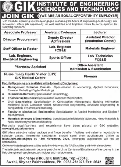 GIK Institute Of Engineering Jobs 2024