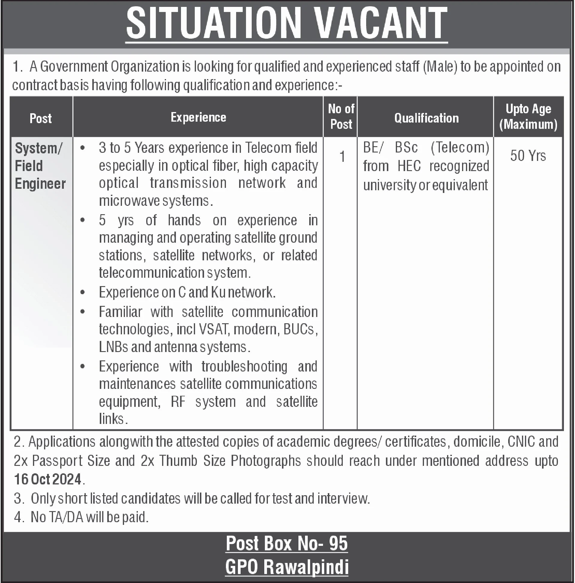 GPO Post Box 95 Rawalpindi Jobs 2024 Advertisement