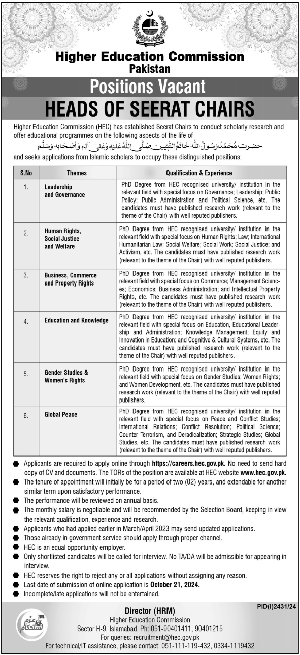 Higher Education Commission HEC Jobs 2024 Advertisement