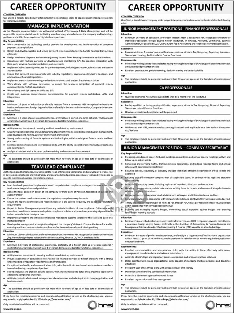 Human Resource Solution International Jobs 2024 Advertisement