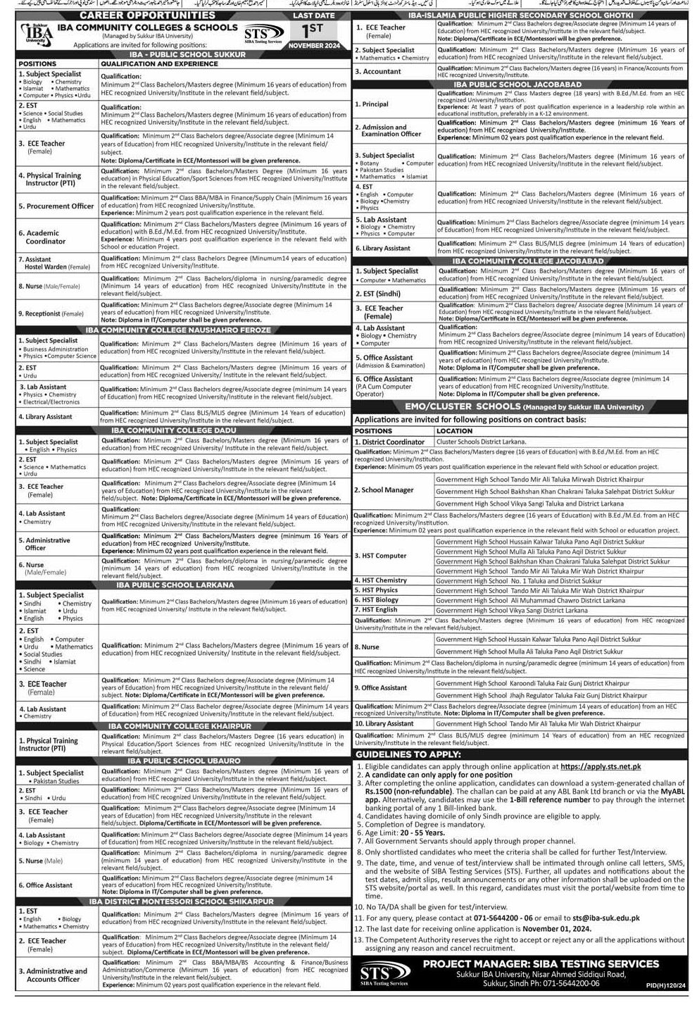 IBA Community Colleges & Schools Vacancies Jobs 2024 Advertisement