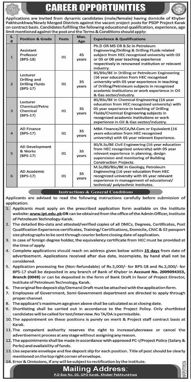 Institute of Petroleum Technology IPT Karak Jobs 2024 Advertisement: