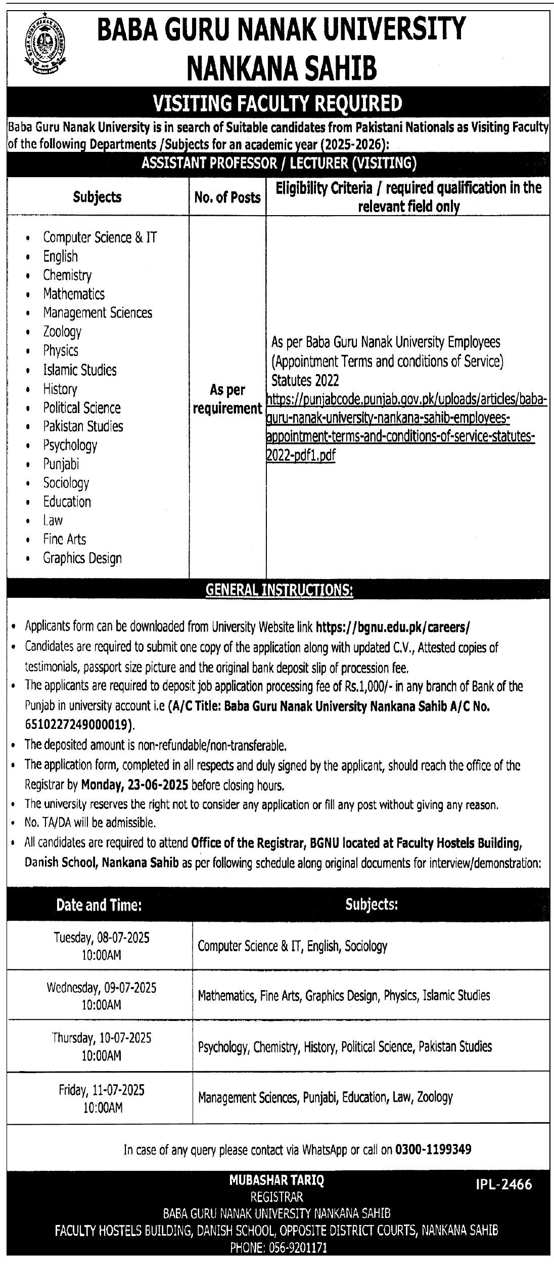 Baba Guru Nanak University BGNU Jobs 2025 Today Advertisement
