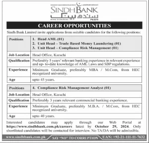 Latest Sindh Bank Jobs 2024