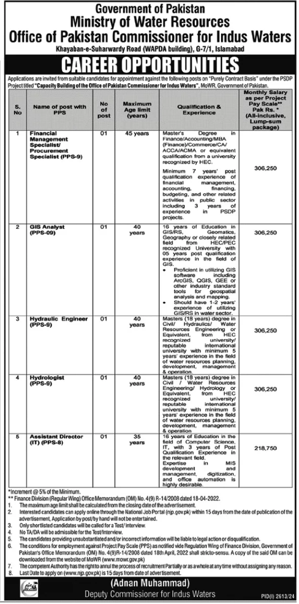 Ministry of Water Resources Office of Pakistan Commissioner for Indus Water Jobs 2024 Advertisement