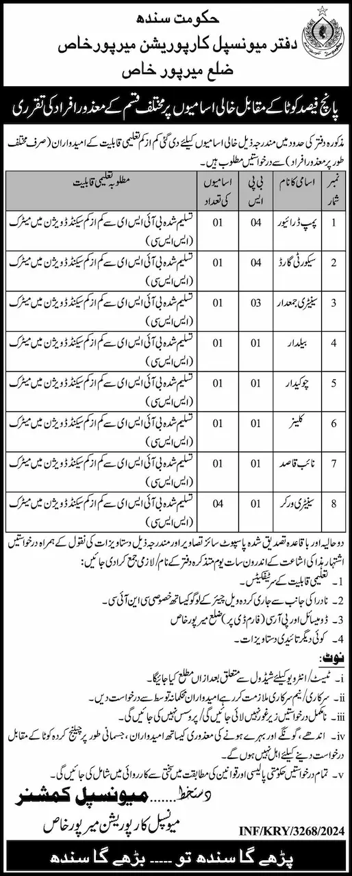 Municipal Corporation Mirpurkhas Sindh Jobs 2024 Advertisement