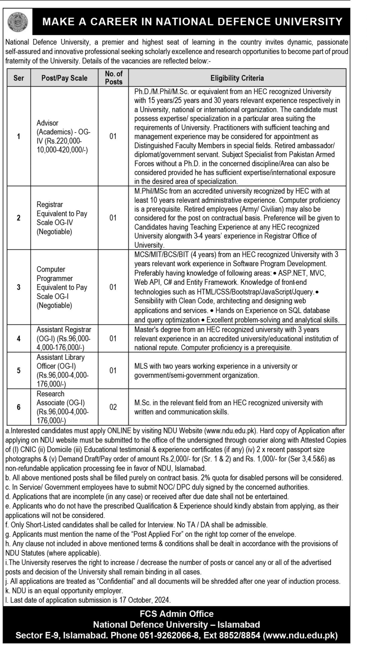 National Defence University Jobs 2024 Advertisement