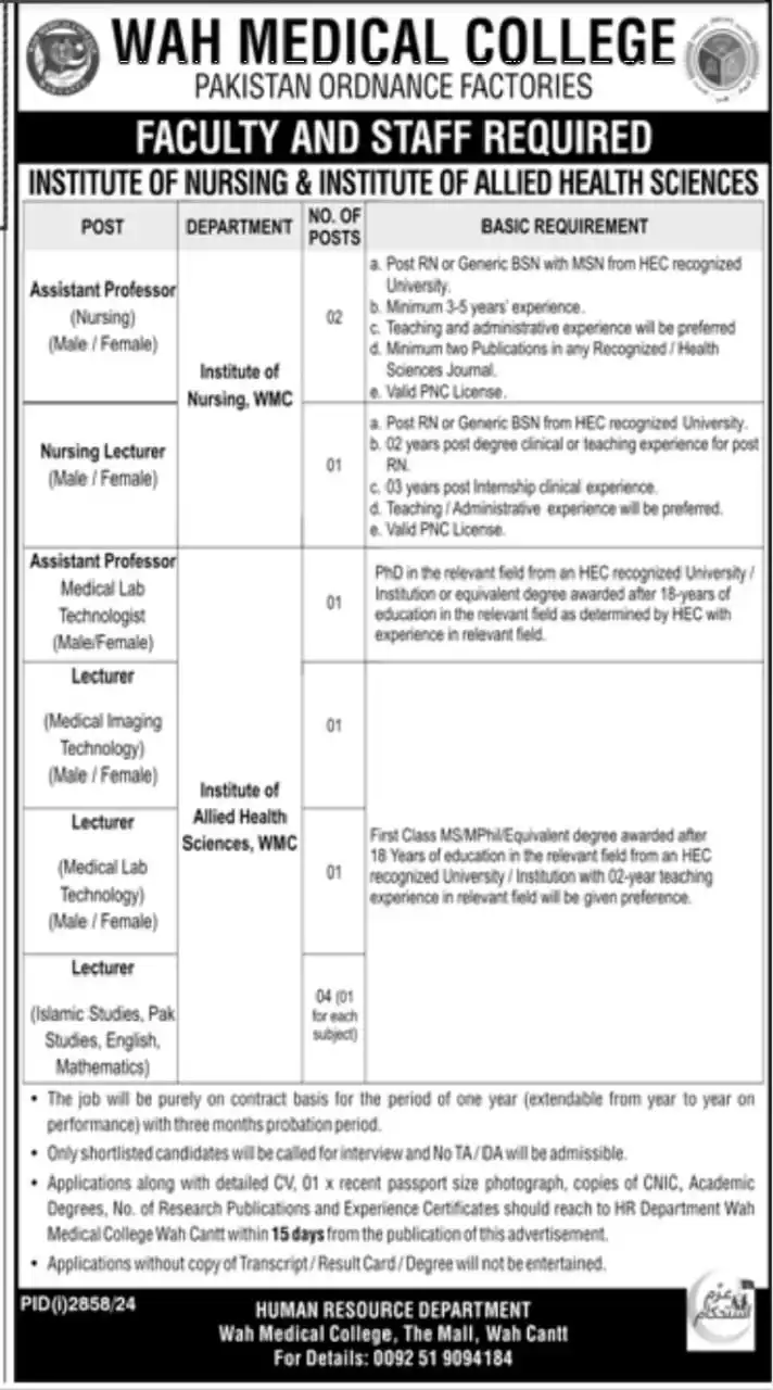 PAF Wah Medical College Jobs 2024 Advertisement