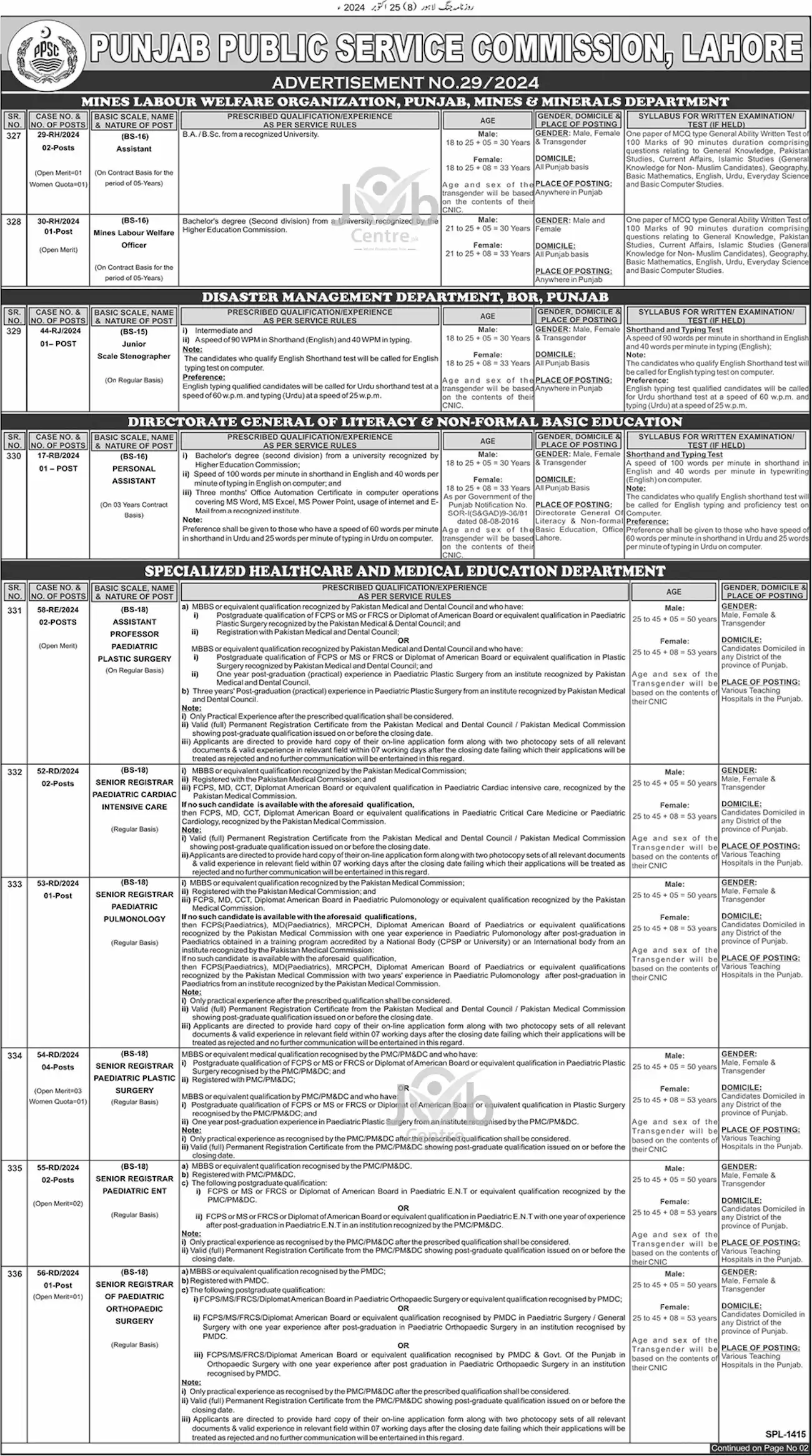 PPSC Advertisement No 29 Jobs 2024 Page # 01