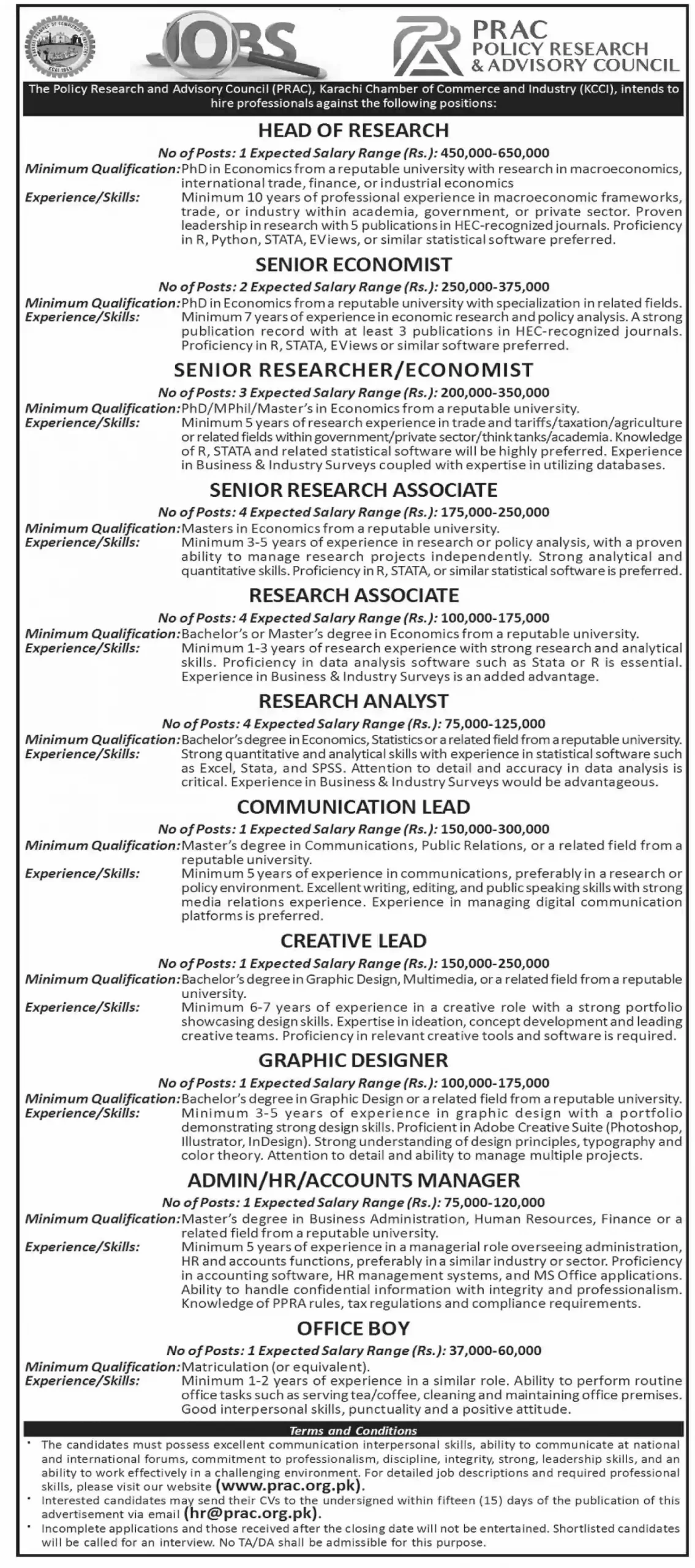 Policy Research & Advisory Council PRAC Jobs 2024 Advertisement