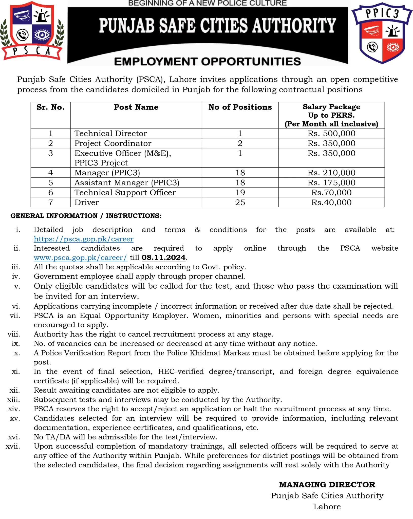 Punjab Safe Cities Authority PSCA Lahore Jobs 2024 Advertisement