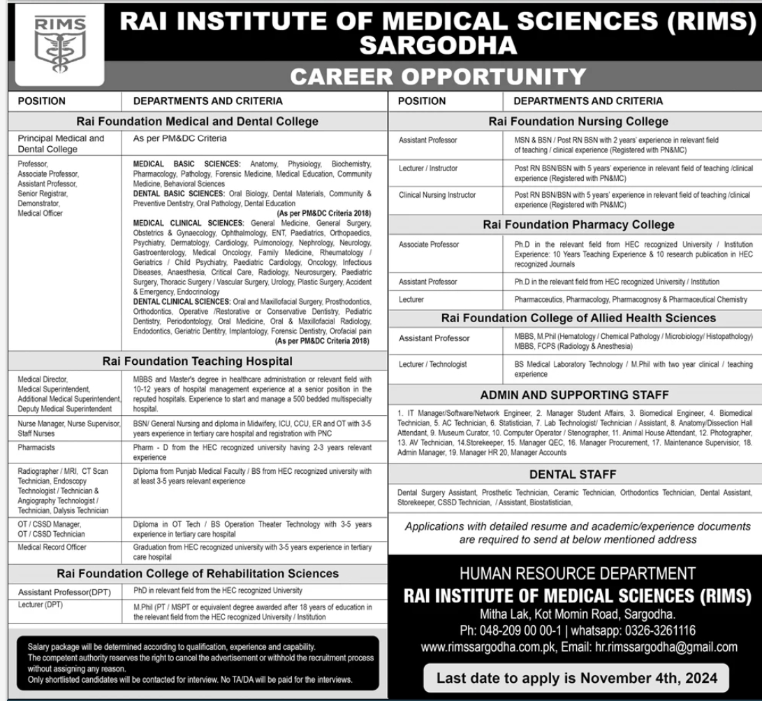 Rai Institute Of Medical Sciences RIMS Jobs 2024 Advertisement