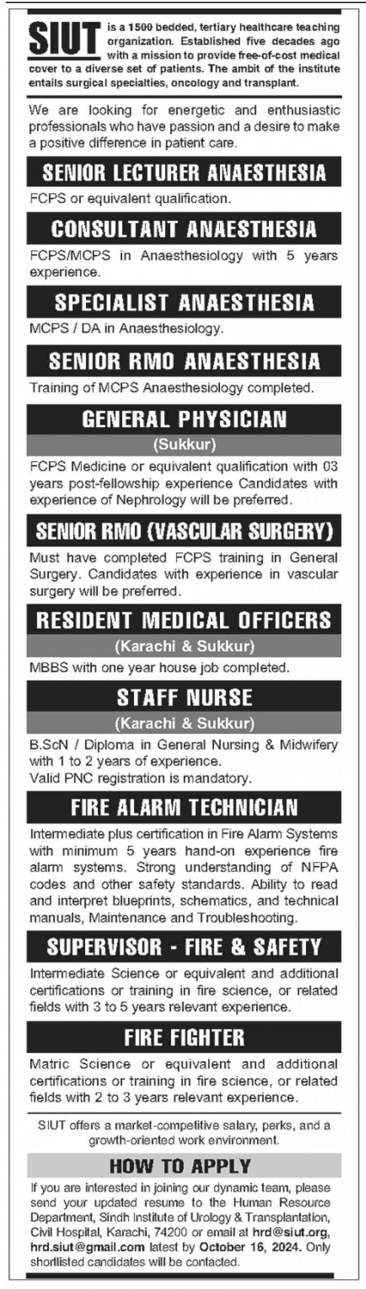 SIUT Jobs 2024 Advertisement