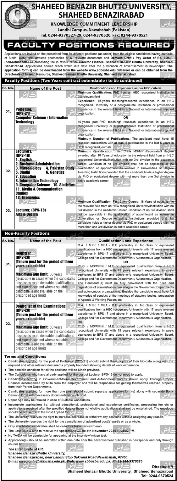 Shaheed Benazir Bhutto University SMBBU Nawabshah Jobs 2024 Advertisement