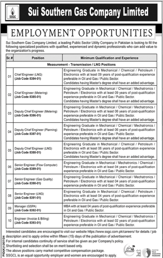 Sui Southern Gas Company Limited SSGC Jobs 2024 Advertisement