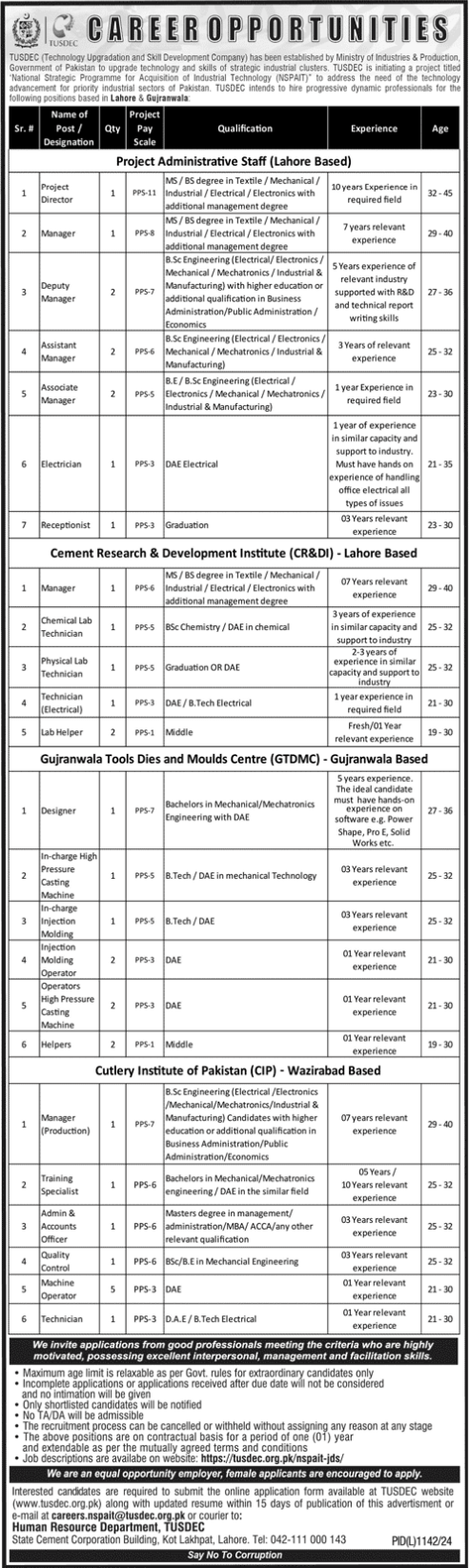 Technology Upgradation and Skill Development Company TUSDEC Jobs 2024 Advertisement