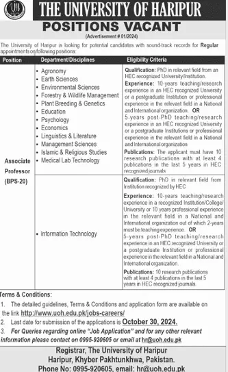 University of Haripur UOH Jobs 2024 Advertisement