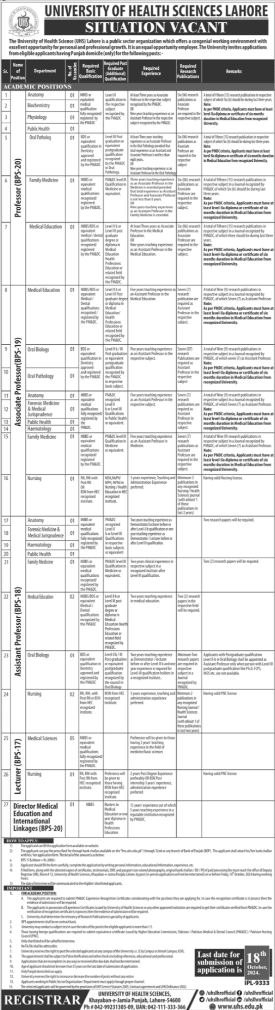 University of Health Sciences Jobs 2024 Advertisement