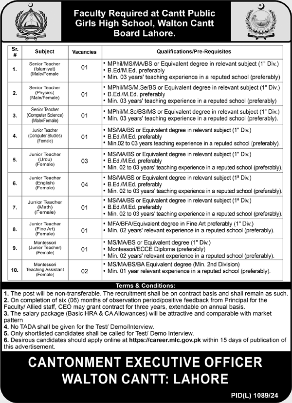 Walton Cantt Board Lahore Jobs 2024 Advertisement