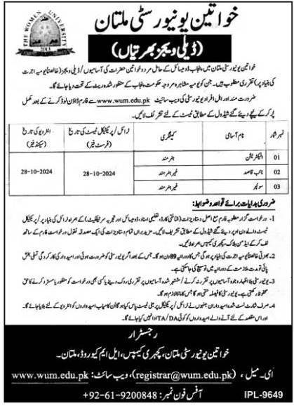 Women University Multan Non Teaching Jobs 2024 Advertisement