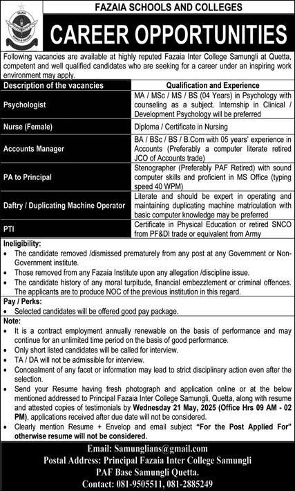 lastest Fazaia Schools And Colleges Jobs 2025 Advertisement