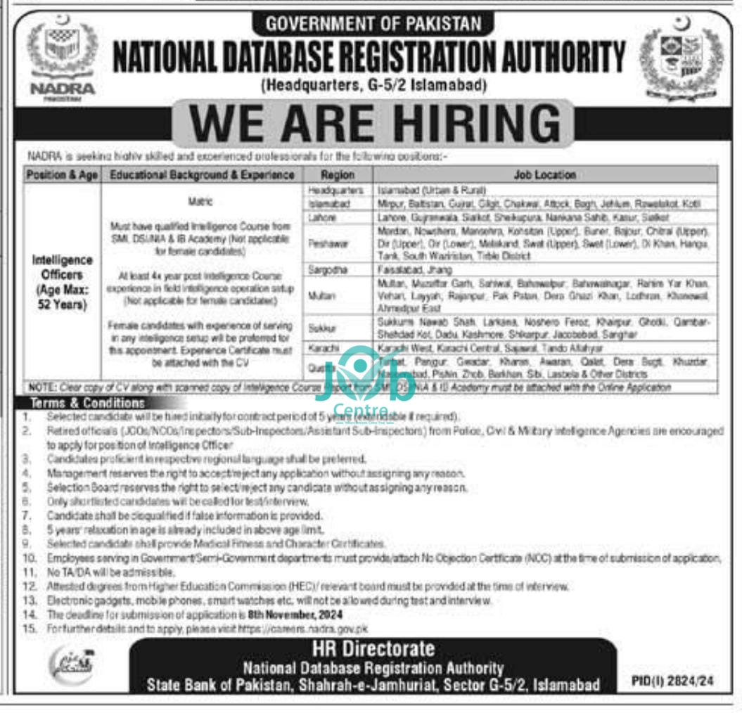 National Database & Registration Authority NADRA Jobs 2024 Advertisement: