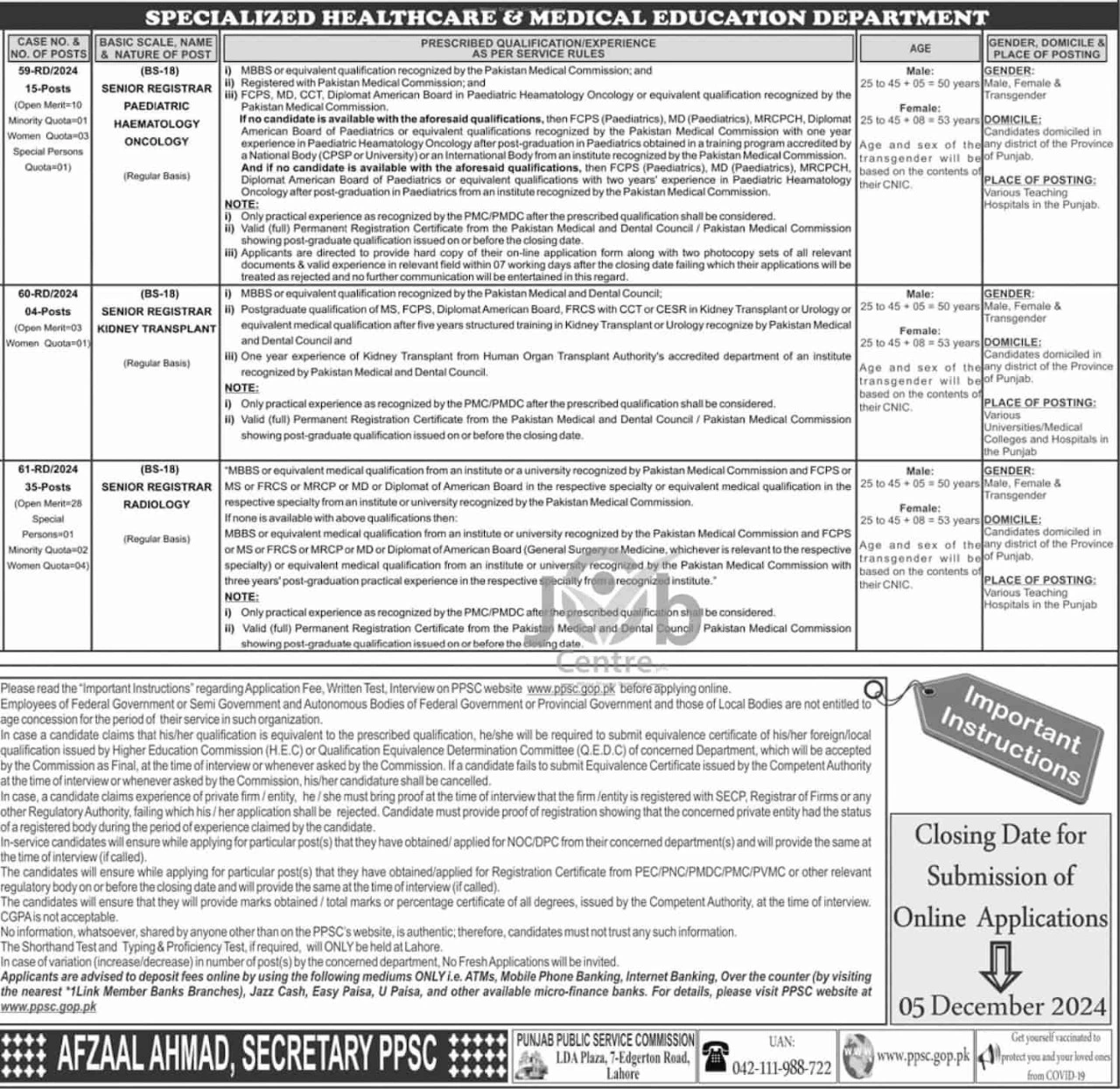 Advertisement of Specialized Healthcare and Medical Education Department Jobs 2024