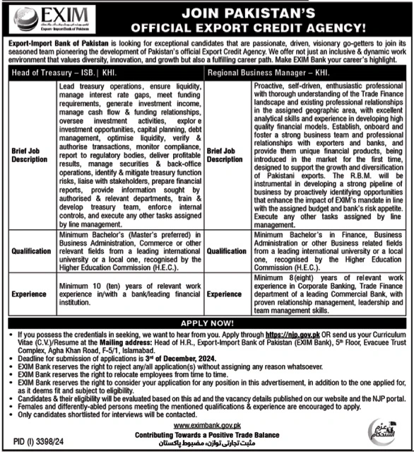 Exim Import Bank of Pakistan Jobs 2024 Advertisement: