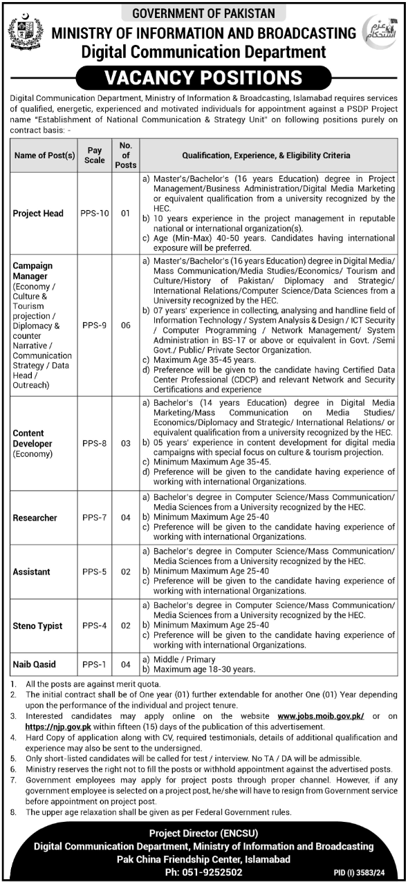 Ministry of Information and Broadcasting MOIB Jobs 2024 Advertisement: