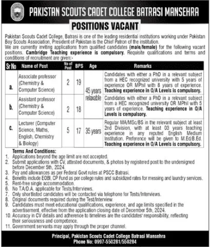 Jobs at Pakistan Scouts Cadet College Advertisement